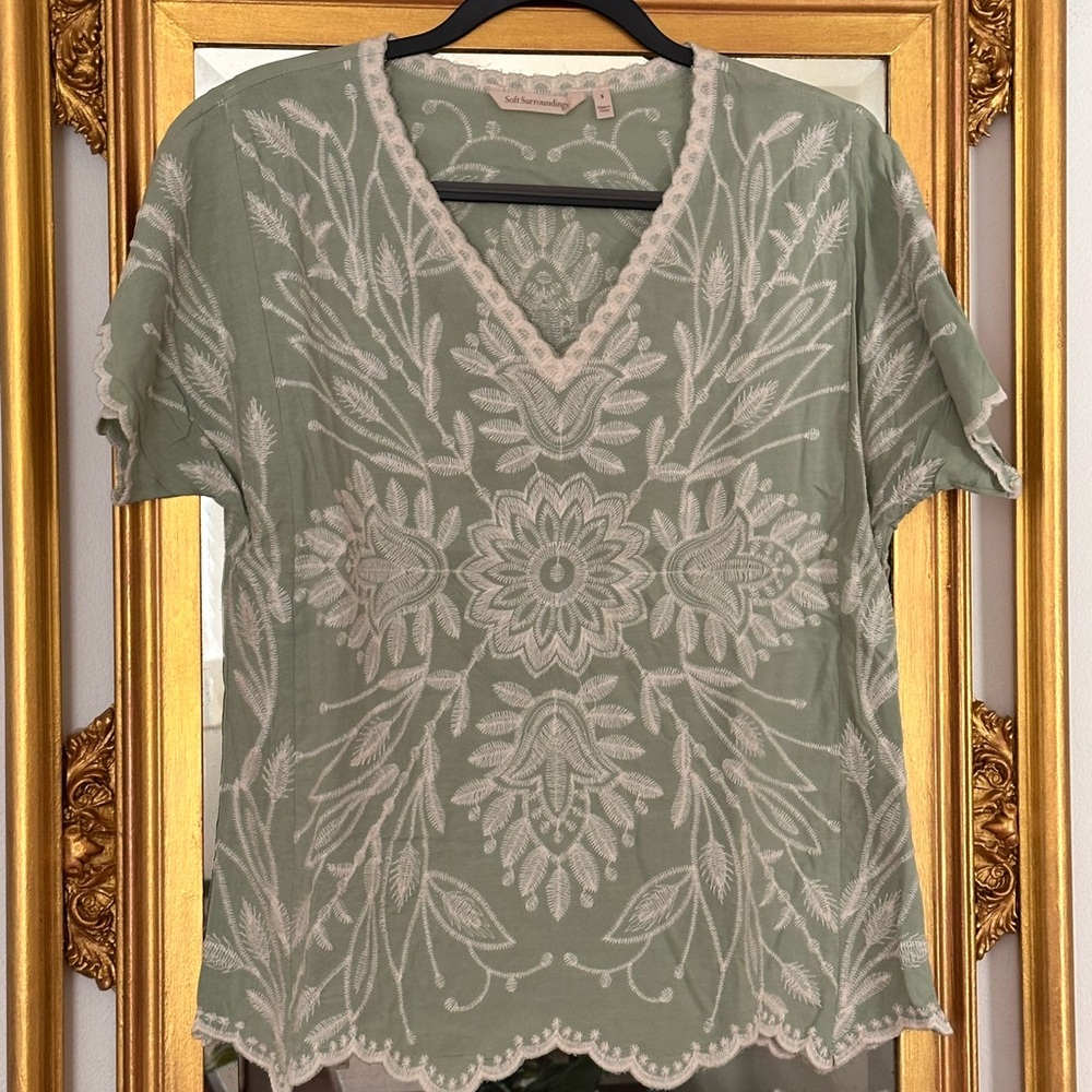 Soft Surroundings Sage & Cream Embroidered Blouse/S